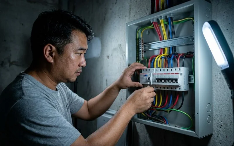 Electrician installing three phase distribution board DB box in Malaysian home with MCBs and RCCB labeled circuits