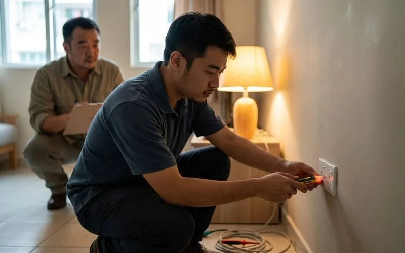 Professional electrician working on electrical safety installation in modern Malaysian residential home with safety equipment and professional tools