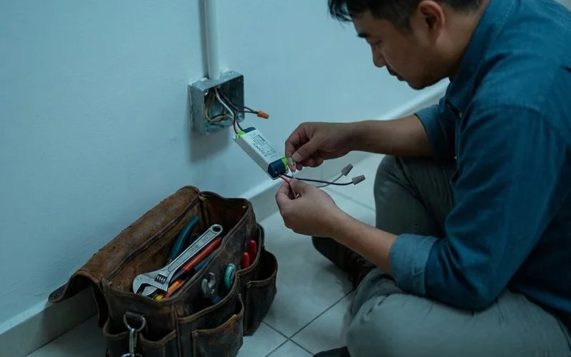 Professional electrician working on electrical wiring inspection in modern Malaysian residential home with safety equipment and professional tools