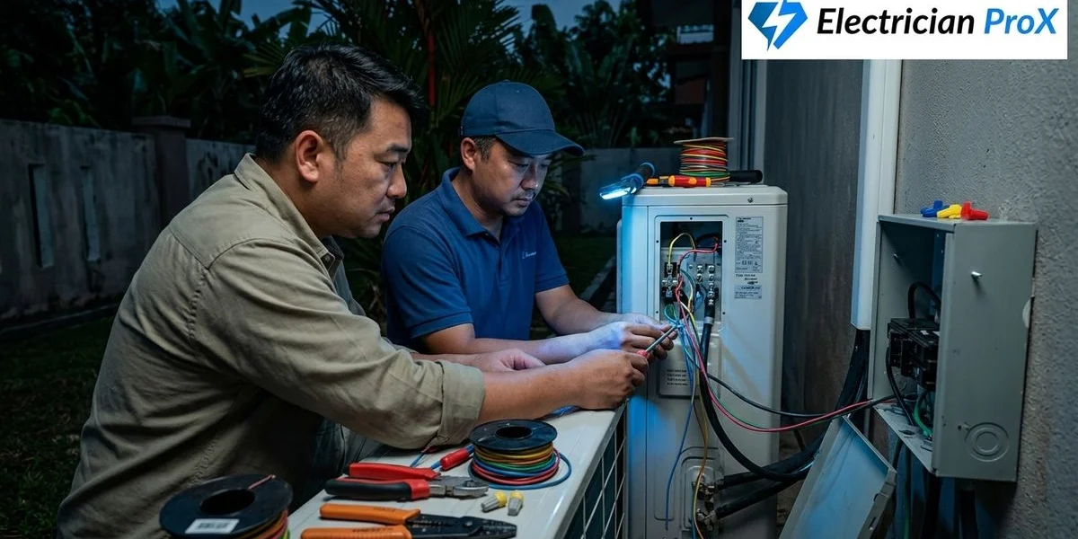 Electrician ProX technician wiring a dedicated aircon circuit in a Kuala Lumpur terrace house