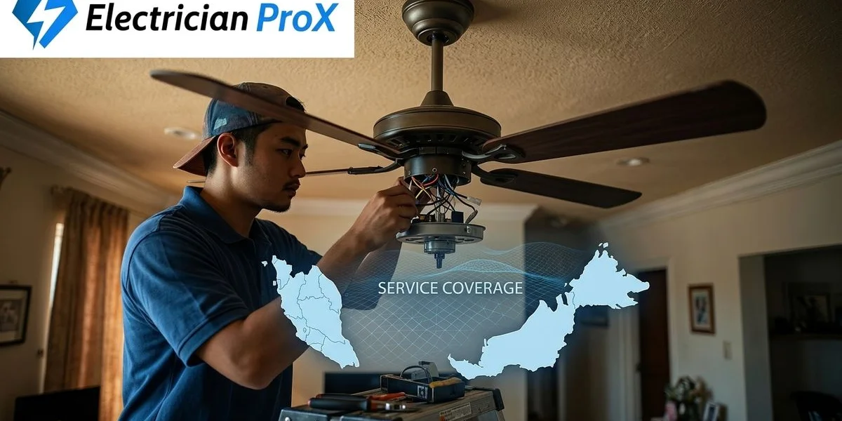 Electrician ProX technician installing ceiling fan with SIRIM-approved wiring in a Klang Valley terrace house