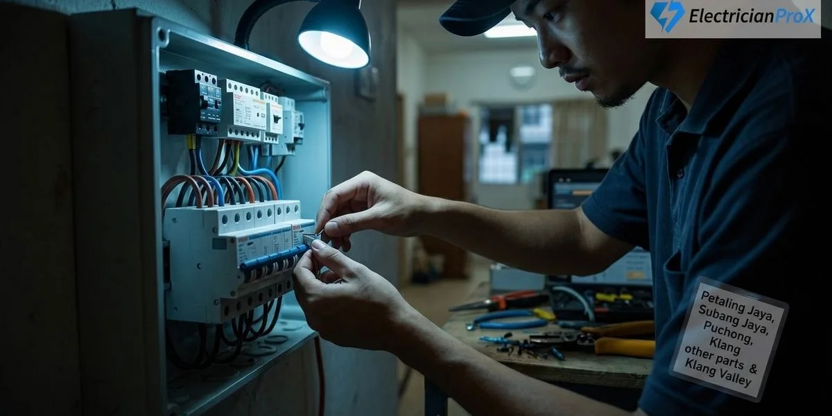 Electrician ProX technician replacing a distribution board in a Kuala Lumpur terrace house