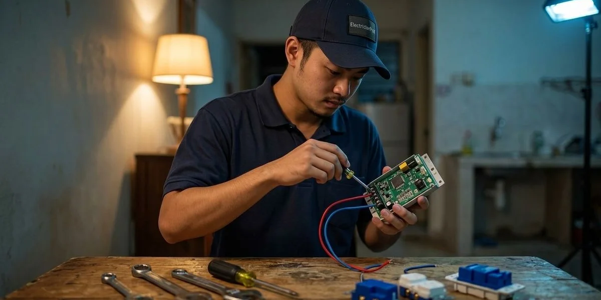 Electrician ProX technician repairing a DB box during an emergency callout in a Kuala Lumpur terrace house