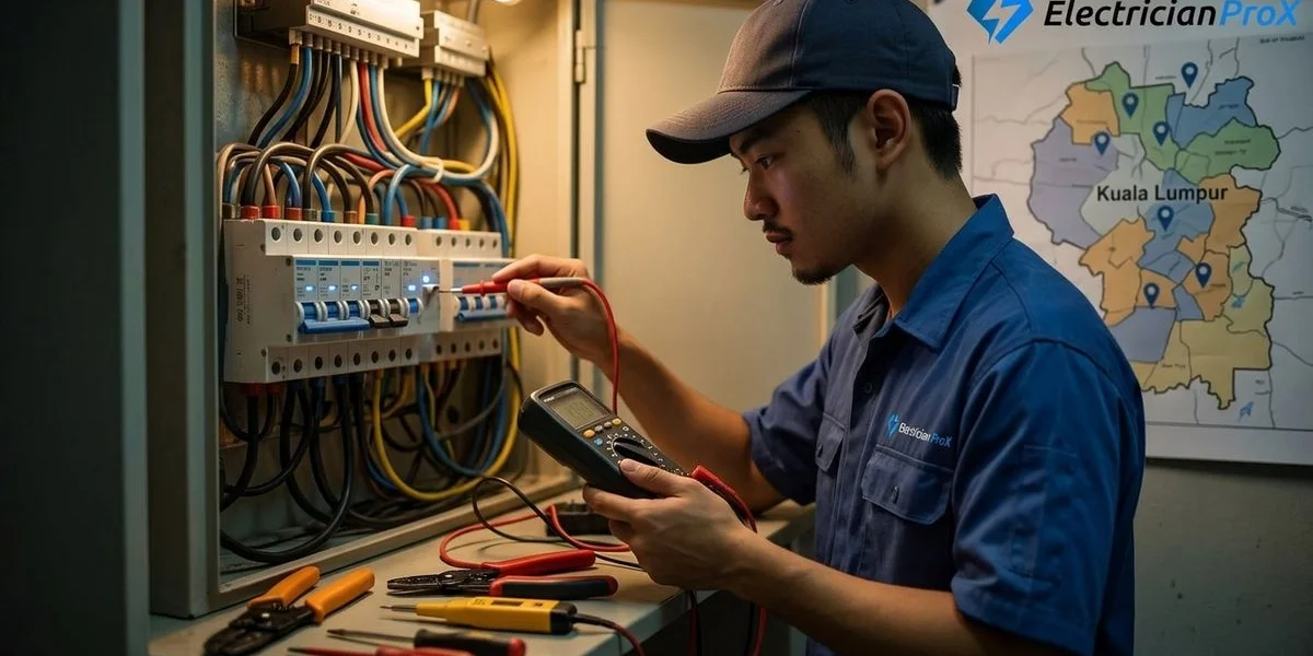 Electrician ProX technician diagnosing a DB box fault in a Kuala Lumpur terrace house