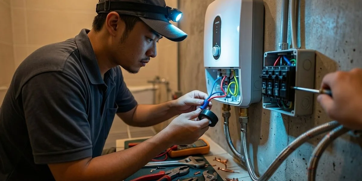 Electrician ProX technician installing a Joven water heater in a Kuala Lumpur terrace house